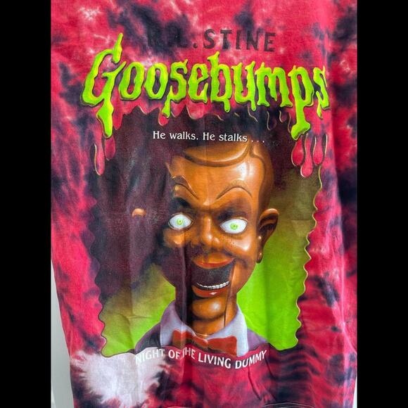 VTG RL STINE GOOSBUMPS NIGHT OF LIVING DUMMY AOP TYE DYE SHIRT SZ MEDIUM GRAPHIC - Picture 3 of 7